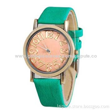 2014 New Arrival Retro Round Bronze Color Dial Quartz Analog Watch with Faux Leather Strap (Green)